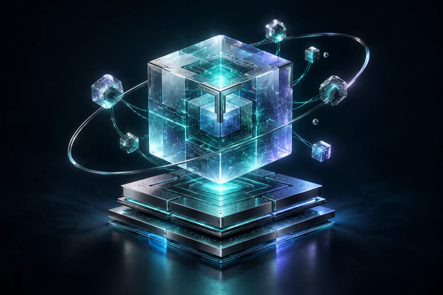 A luminous glass engineering core floating above interconnected software layers.